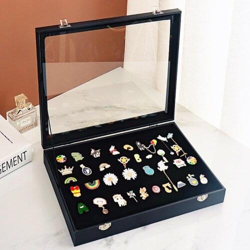 HOSENG 3Pcs Black Fashion Portable Velvet Jewelry Display Organizer Clear Window Box Brooch Storage Showcase Metal Lock HS_475