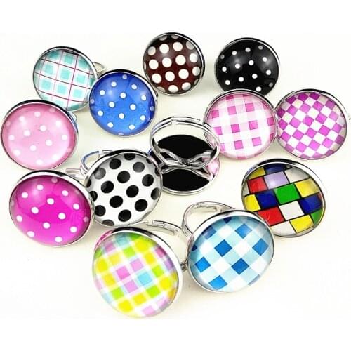 Jiangzimei 24pcs Dot, Lattice,Daisy, Chrysanthemum,Cashew Flower mandala Ring Glass Cabochon finger ring for women Girl