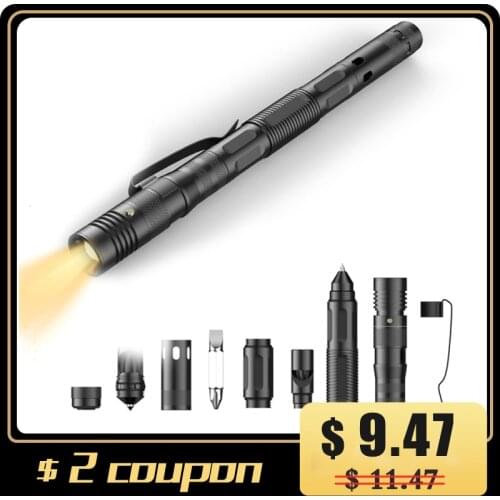 Multifunctional Tactical Pen Self Defense Defending Flashlight Aluminum Screwdriver Whistle Corkscrew Survival Accessories