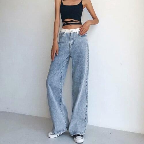 DOUJILI Fashion Blue High White Waist Long Jeans Popular White Pocket Width Casual Loose Trousers Pants For Women