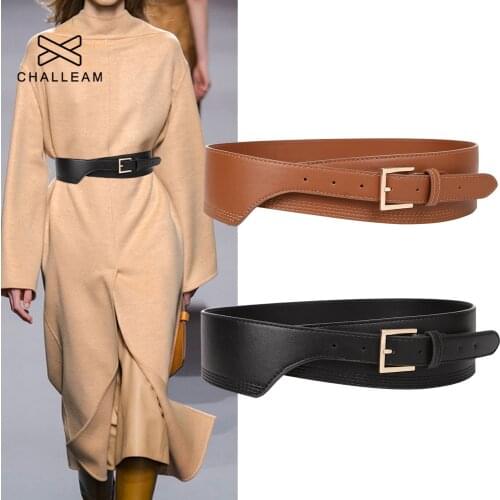 Fashion Wide Belt For Women PU Leather Gold Pin Buckle Black Brown Khaki Cummerbunds Irregular Design Dress Coat Waistbands 131