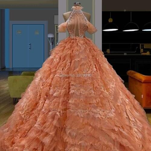 Orange 2019 V-Neck Ball Gown Sleeveless Long Evening Dress Beaded Sequined Pearl Tulle Floor-Length Women Dress Prom Dress Dubai