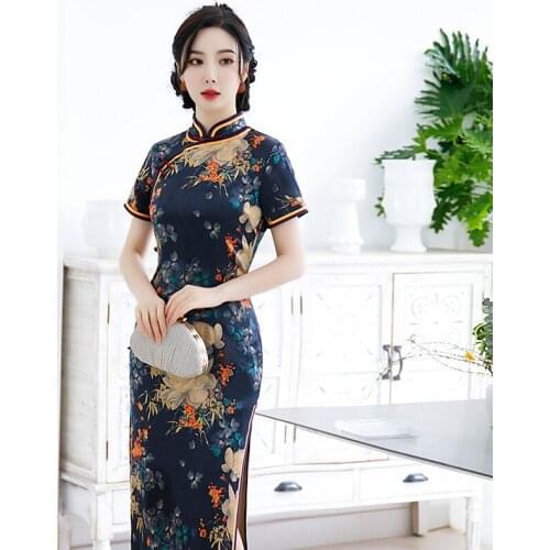 Chinese Mid Length Sexy Dress Gown Satin Short Sleeve Qipao Navy Blue Large Size 3xl Cheongsam Print Flower Female 2021 Vestidos