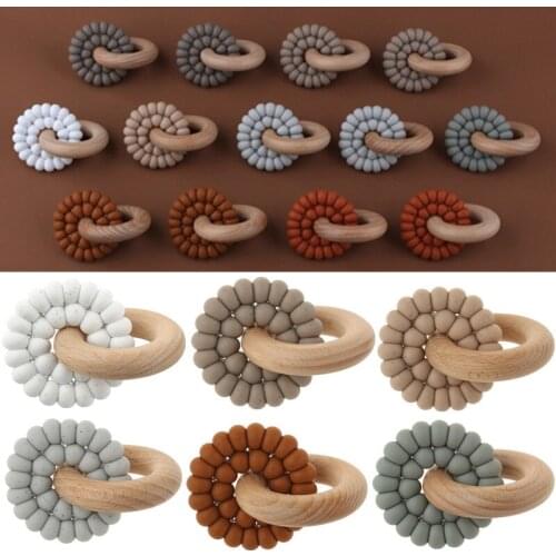 BPA Free Food Grade Silicone Baby Teether Wooden Ring Silicone Beads Bracelet Newborn Teething Toys Sensory Montessori Toy