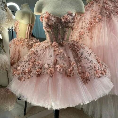 Pink Cocktail Dresses 2021 Sweetheart Tulle Knee Length Lace 3D Floral Appliques Prom Dress Custom Made Party Gowns