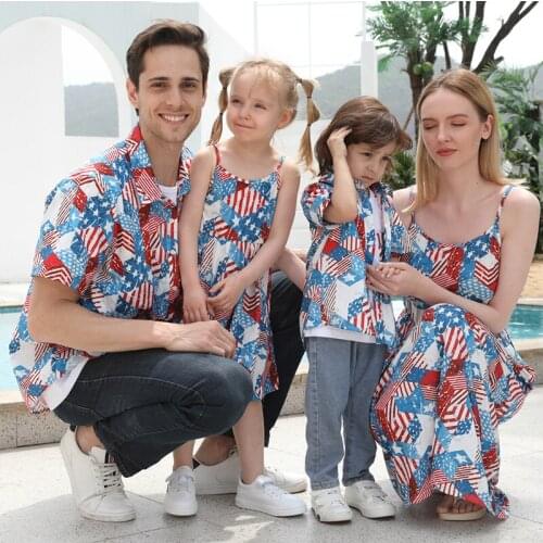 Geometric Family Matching Clothing Look Independence Day Mother And Daughter Girl Dress Clothes Father Baby Boys Cotton T Shirt