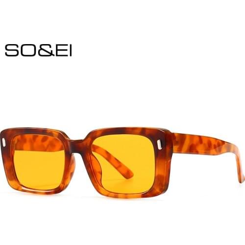 SO&EI Retro Rectangle Sunglasses Women Fashion Rivets Jelly Color Eyewear Men Square Leopard Yellow Sun Glasses Shades UV400
