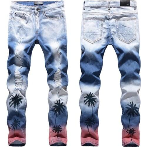 High Street Stylish Coconut Tree Printed Denim Jeans Pants Color Spray Knee Holes Brand Ultra-Stretch Slim Ripped Jeans Stretch