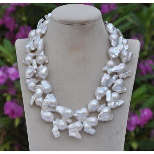 Z11417 2Row 19" 24mm Baroque Rabbit White Reborn Keshi Pearl Necklace CZ