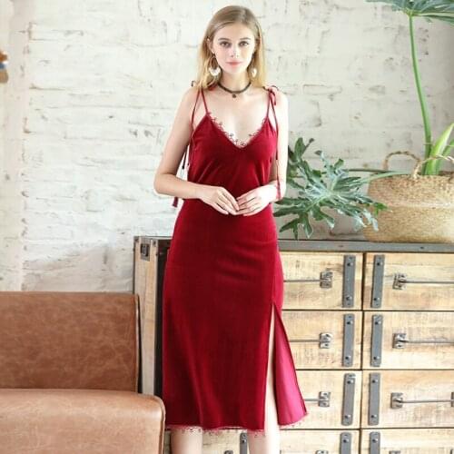 QUBILAH Velvet Suspender Nightdress Ladies Leaking Back Split Sexy Pajamas Spring Lace Home Service Wholesale Sleepwear Women