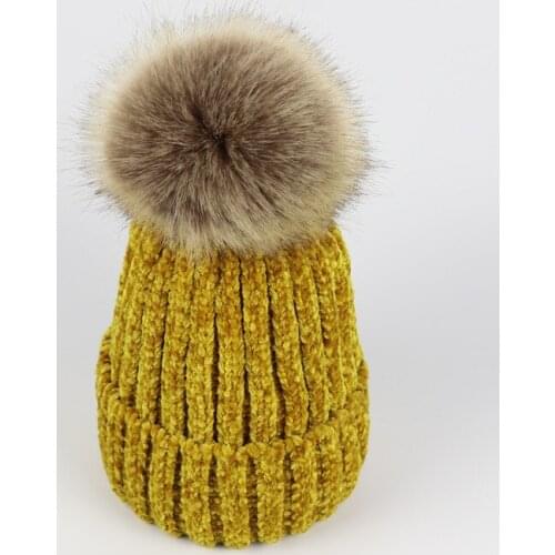 Women winter hat with Fur Pom pom Knitted Hats Beanies hat for ladys Striped Knit Skullies With Hairy Ball keep warm caps