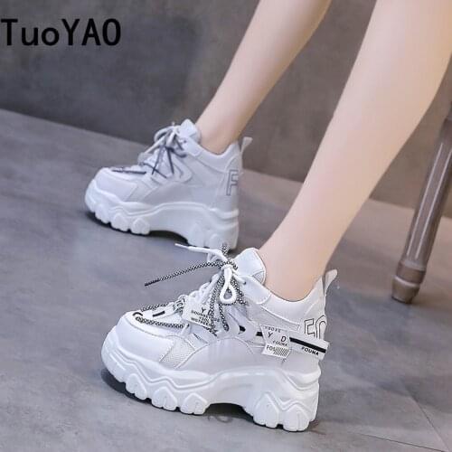 Womens High Heels 2021 Breathable PU Leather Chunky Sneakers Woman Platform Height Increased Shoes 9CM Thick Sole Zapatos Mujer
