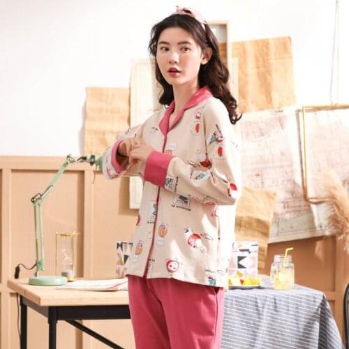 Women new pajamas autumn cotton cute cartoon long sleeve pants fresh casual knitted lapel two piece pajama sets pajama set