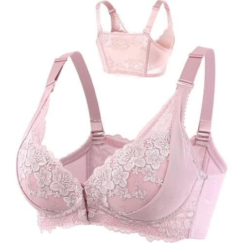 Womens Front Closure Padded Lace Floral Embroidery Bra 3/4 Cup Underwire Plus Size Lingerie Female 34 36 38 40 42 B C D Black