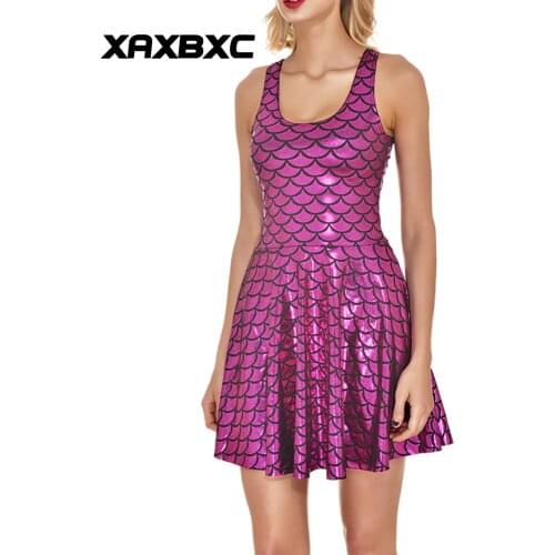 NEW 1009 Sexy Girl Women Summer mermaid Shiny dragon Fish scale rose pink 3D Prints Reversible Sleeveless Skater Pleated Dress