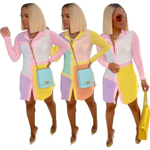 Women Shirt Dress 2021 Hot Spring Autumn Polo Collar Contrast Colors Long Sleeves Slimming Waist Lady Mini Dresses Real Pictures