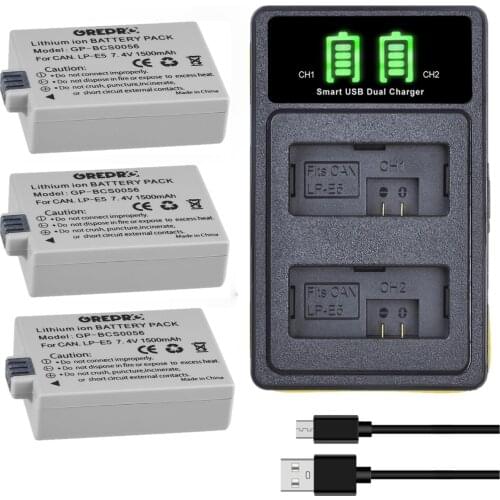 1500mAh LP E5 LP-E5 Battery + LPE5 Charger with Type-c Port for Canon EOS 1000D, 450D, 500D, EOS Rebel XS, Rebel T1i, Rebel XSi