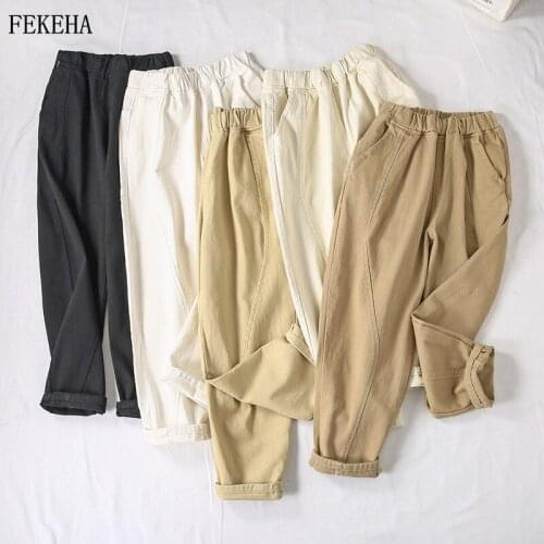 Women Loose Harem Pant Trousers 100% Cotton Pockets Streetwear Elastic Waist Female Pants Boyfriend Style