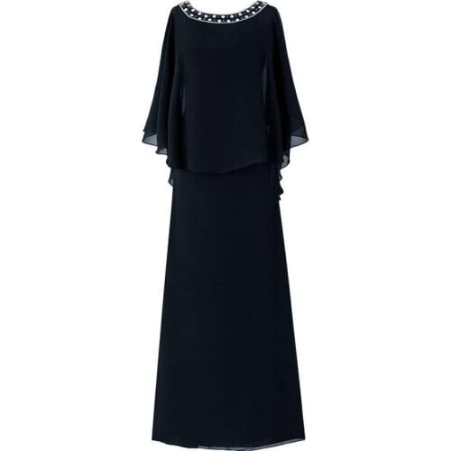 Elegant Black Mother of The Bride Dresses with Shawl O-neck Beading Formal Evening Gown Floor-Length Mother Dress for Wedding