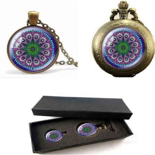 Colourful Mandala Necklaces Steel Plated Chakra Pendant OM Jewelry For Women Glass Cabochon Pendants Pocket Watch With Free Box