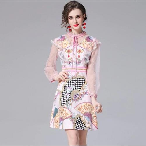 LLZACOOSH 2021 Summer Women Pink Flower Print Long Sleeve Bowknot Mesh Ruffles Patchwork Female Slim Mini Princess Dresses