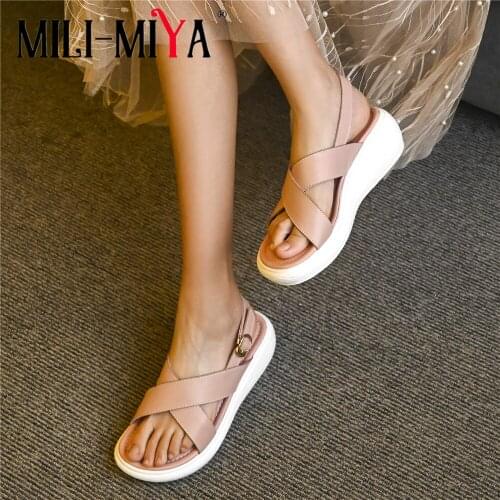 MILI-MIYA Casual Women Genuine Leather Sandals Solid Color Buckle Strap Concise Design Summer Shoes Size 34-49 Handmade For Lady