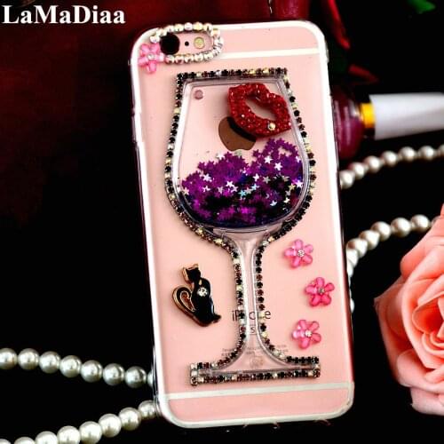 Glitter Rhinestone Liquid Quicksand Wine Glass Clear TPU Case Cover For Samsung S6 S7 S8 S9 S10 S20 S21 PLUS Note 5 8 9 10 20