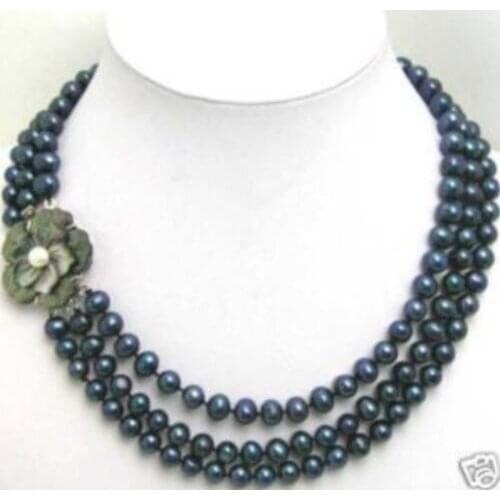 New 3 Row 6-7mm Black pearl Necklace Flwoer Shell Clasp