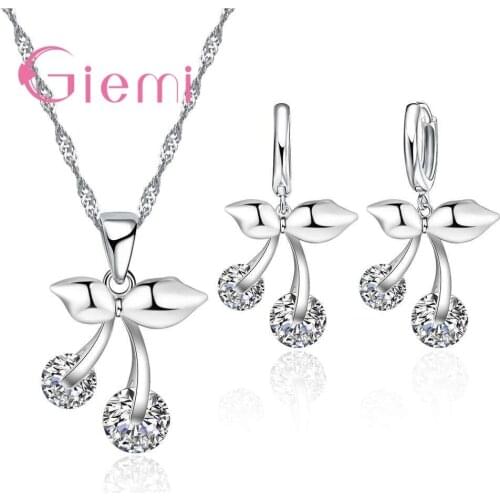 Lovely Cherry Design Women Earring Necklace Jewelry Sets 100% 925 Sterling Silver Crystal Pendant For Girl Gift