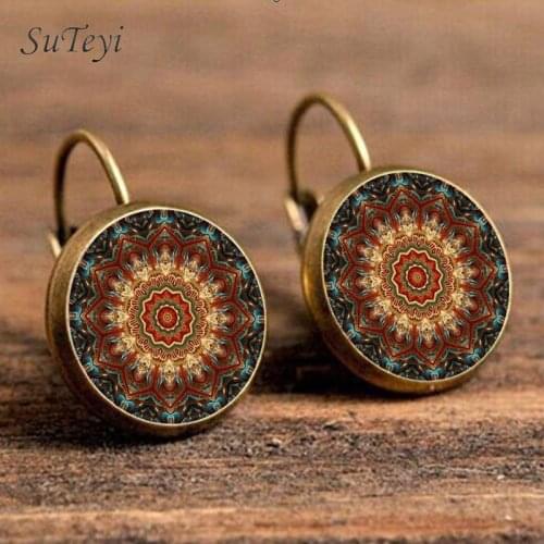 SUTEYI Vintage Mandala Glass Dome Art Earrings Henna Yoga Crystal Earring Om Symbol Buddhism Zen Earrings For Women Jewellery
