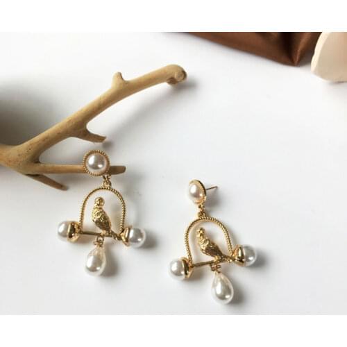 Vintage Acrylic Drop Earrings Gold Color Metal White Birdcage Bird Imitation Pearl Women Elegant Earrings Party Jewelry