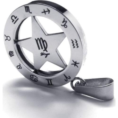 Vintage 316l Stainless Steel 25mm Round Circle Star 12 Zodiac Virgo Metal Sign Pendant Necklace Jewelry With Bead Chains