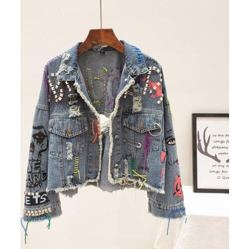 Streetwear Fashion Holes Graffiti Denim Jacket Coat Women Student Outerwear Autumn Loose Casual Short Rivet Jeans Jackets Female