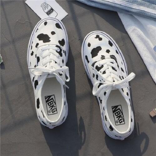 Women Canvas Sneakers Cow Print Patchwork White Shoes Brand Lovely Girls Thick Heel Sneakers Designer Low Top Running Platform
