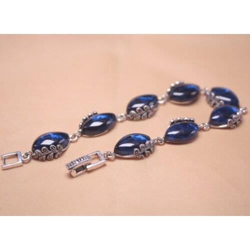 Sterling S925 Silver Bracelet For Women Blue Corundum Zircon Oval Link 18cm/7.08''L