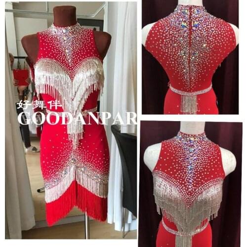 GOODANPAR Competition Sexy new latin dance dress salsa Custom-made Latin skirt Bead Fringes Girls Women red Sleeveless