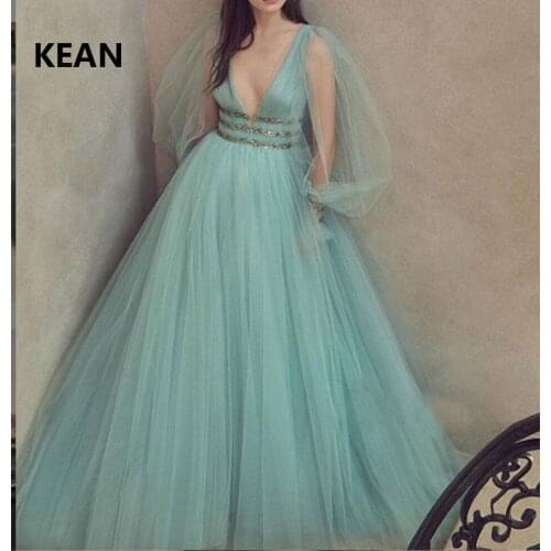 Mint Green Evening Dress Deep-V Beaded Belt Robe De Soiree Islamic Dubai Kaftan Saudi Arabic Prom Dress vestidos