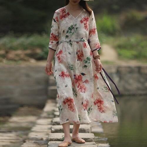 Johnature Women Vintage Print Floral Dresses Bandage Ramie High Quality Robes 2021 Summer New V-Neck Seven Sleeve Female Dress