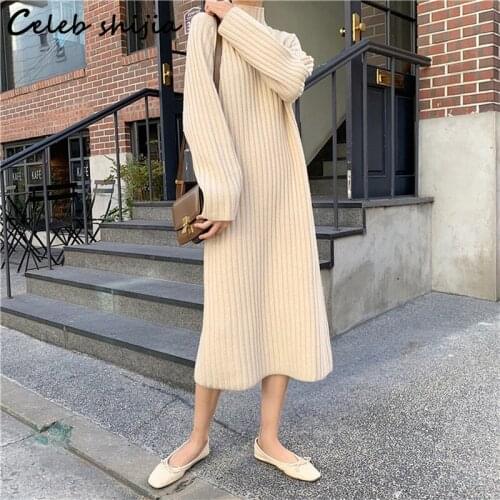 Winter Loose Knit Dress Woman Half Tall Neck Elegant Knitted Bodycon Dress Female Korean Street Long Sweater Winter Clothing