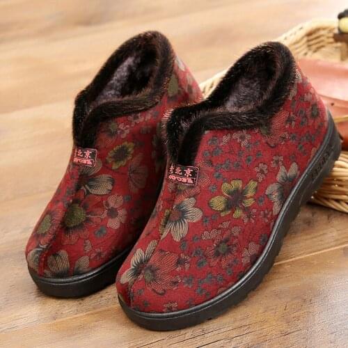 Winter Boots Women Shoes Warm Print Snow Boots Furry Fur Velvet Cotton Cloth Cozy Ankle Boots Non-Slip Booties Elderly