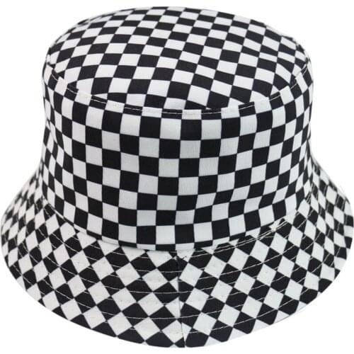 1pcs New Fashion Reversible Black White plaid Pattern Bucket Hats Fisherman Caps For Women Summer