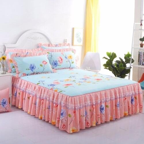 3pcs Floral Fitted Sheet Cover Graceful Bedspread Lace Bed Skirt + Pillowcase Bedroom Bed Cover Skirt Wedding Housewarming Gift