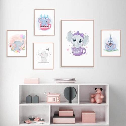 Watercolor Adorable Baby Elephant and Balloons Poster Wall Art Picture Canvas Nursery Print Painting Nordic Baby Room Decoration
