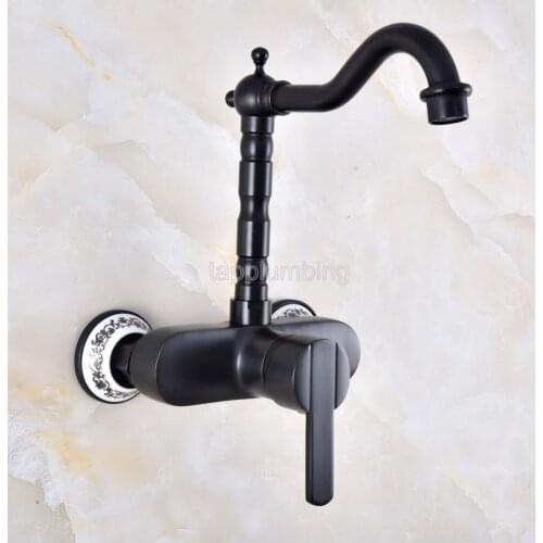 Black Oil Rubbed Bronze Wall Mounted Bathroom Basin Faucet / 360 Swivel Spout Kitchen Sink Mixer Taps tnf842
