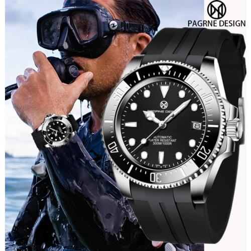 PAGRNE DESIGN New Mens Automatic Waterproof Watch Luxury Sapphire Glass Mechanical Watch Stainless Steel 300M Diving Watch