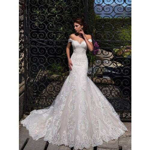 Elegant Boat Neck Chapel Train Embroidery Appliques Tulle Bridal Gown Off the Shoulder Backless Mermaid Wedding Dress 2021