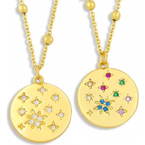 FLOLA Round Star Necklace For Women Gold Beads Chain Crystal Necklaces Stone CZ Pave Cubic Zirconia Jewelry Female Gifts nkes75