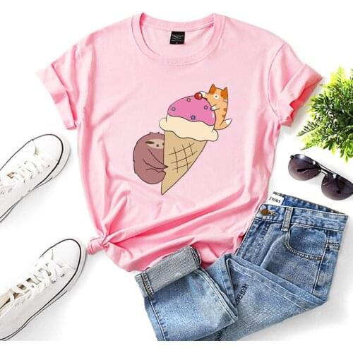 Funny Sloth T Shirt Women 2020 Summer Cartoon Ice Cream Print Basic Tshirt Ladies Tops Oversized Harajuku Kawaii Tee Shirt