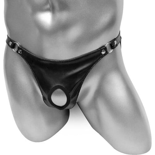 Faux Leather Mens Jockstrap Underwear With Penis Hole Plus Size Wetlook Sissy Panties Thong Open Butt Sexy Lingerie