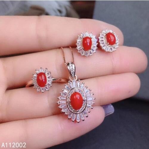 KJJEAXCMY fine jewelry natural red coral 925 sterling silver new women gemstone pendant earrings ring set support test exquisite